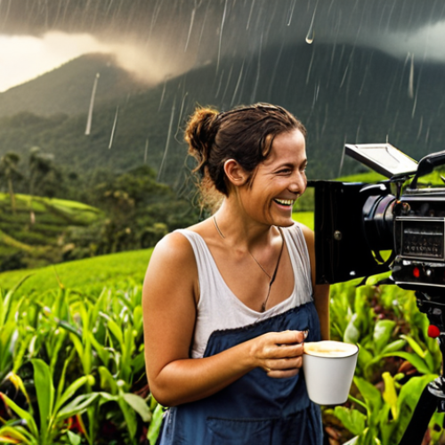**

Prompt: "Behind-the-scenes film set, chaotic but creative, unexpected rainstorm, director smiling, film crew improvising, warm coffee cups, cinematic lighting, Colombia coffee farm, sense of romance and melancholy, golden hour, digital painting."

**