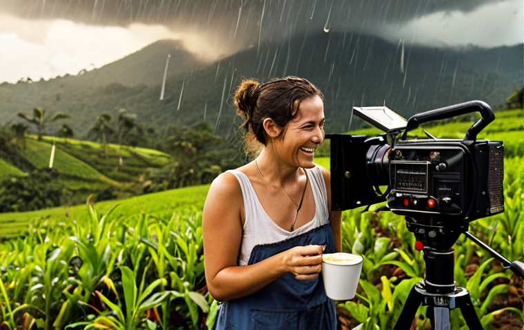 **

Prompt: "Behind-the-scenes film set, chaotic but creative, unexpected rainstorm, director smiling, film crew improvising, warm coffee cups, cinematic lighting, Colombia coffee farm, sense of romance and melancholy, golden hour, digital painting."

**