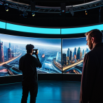 A diverse team of professional filmmakers in a cutting-edge virtual production studio. An actor in appropriate attire stands naturally before massive, curved LED screens displaying a vibrant, realistic digital futuristic cityscape, illuminated by the screens' dynamic light. A director observes intently from a monitor, while a camera operator films, all fully clothed in modest professional dress. Professional photography, high detail, realistic, cinematic lighting, safe for work, appropriate content, family-friendly, perfect anatomy, correct proportions, natural pose, well-formed hands, proper finger count, natural body proportions.