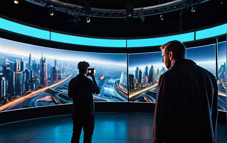 A diverse team of professional filmmakers in a cutting-edge virtual production studio. An actor in appropriate attire stands naturally before massive, curved LED screens displaying a vibrant, realistic digital futuristic cityscape, illuminated by the screens' dynamic light. A director observes intently from a monitor, while a camera operator films, all fully clothed in modest professional dress. Professional photography, high detail, realistic, cinematic lighting, safe for work, appropriate content, family-friendly, perfect anatomy, correct proportions, natural pose, well-formed hands, proper finger count, natural body proportions.