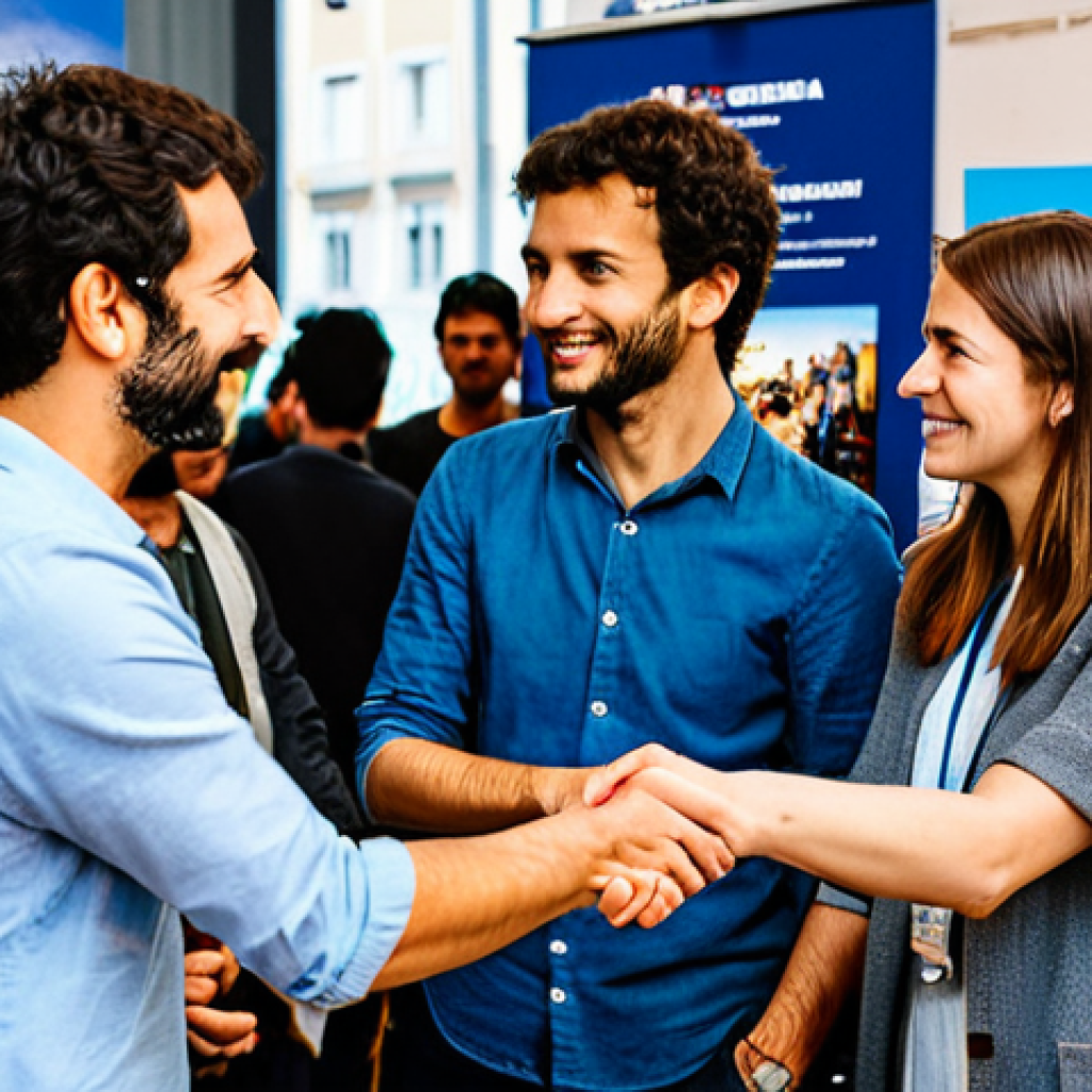 Networking Event**

A young professional, fully clothed in smart casual attire, confidently shaking hands with a seasoned filmmaker at the San Sebastian Film Festival. Background includes film posters and a bustling crowd of industry professionals. Safe for work, appropriate content, professional networking, perfect anatomy, natural proportions, well-formed hands, family-friendly.

**