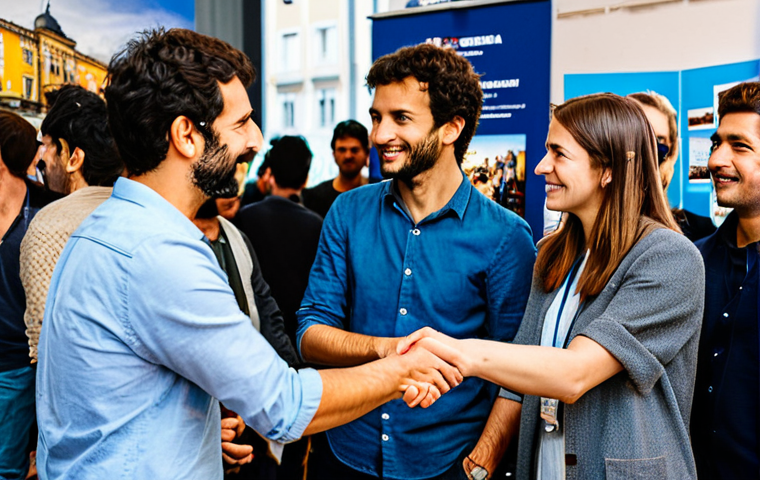 Networking Event**

A young professional, fully clothed in smart casual attire, confidently shaking hands with a seasoned filmmaker at the San Sebastian Film Festival. Background includes film posters and a bustling crowd of industry professionals. Safe for work, appropriate content, professional networking, perfect anatomy, natural proportions, well-formed hands, family-friendly.

**