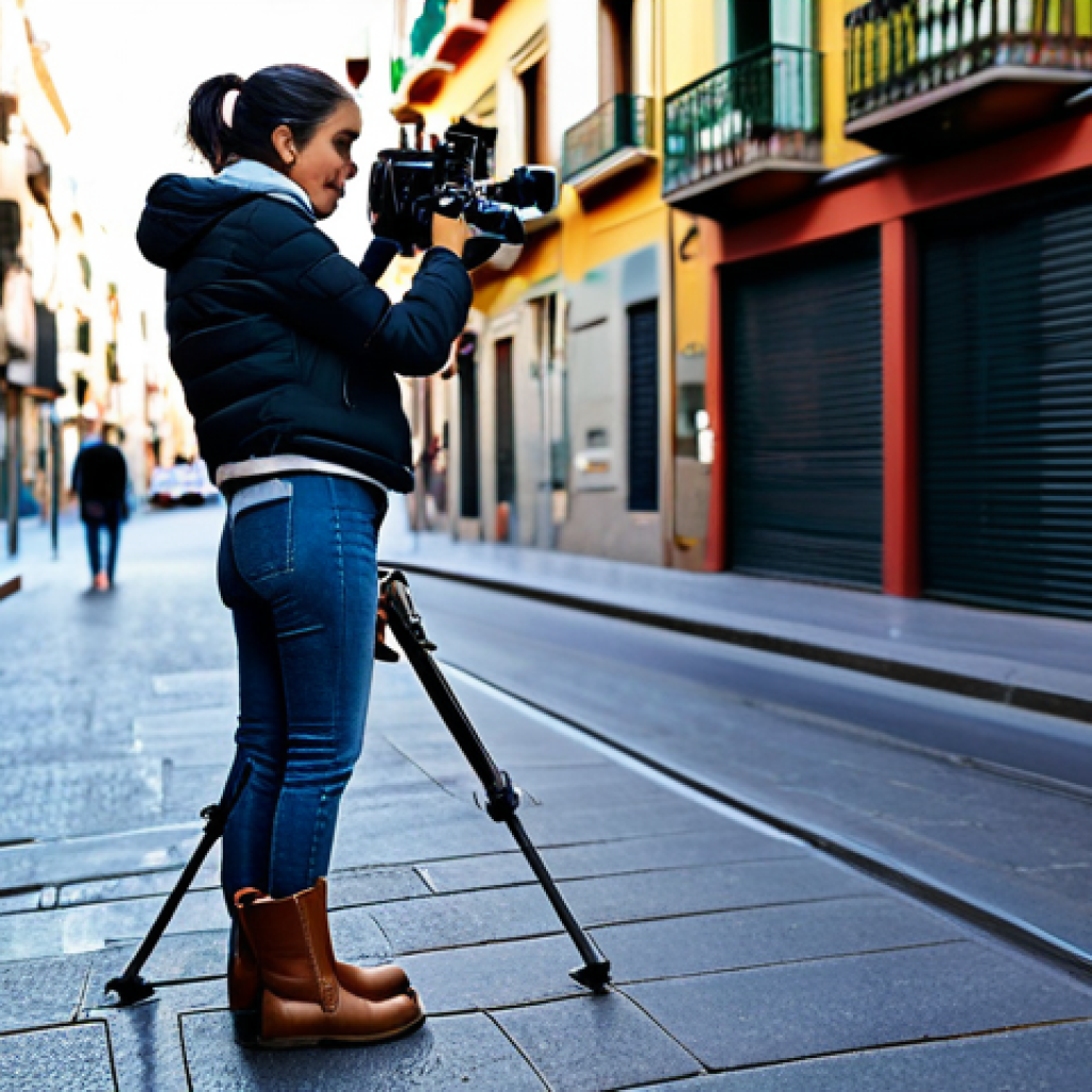 Modern Filmmaker on Location**

"A female filmmaker in her late 20s, wearing comfortable but professional attire (jeans, practical boots, and a durable jacket), setting up a Sony Alpha a7 III camera on a DJI Ronin gimbal. The location is a vibrant urban street in Barcelona, Spain, with colorful buildings in the background. The scene is well-lit, suggesting early evening. Safe for work, appropriate content, fully clothed, professional, perfect anatomy, natural pose, high resolution, realistic."

**