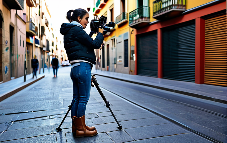 Modern Filmmaker on Location**

"A female filmmaker in her late 20s, wearing comfortable but professional attire (jeans, practical boots, and a durable jacket), setting up a Sony Alpha a7 III camera on a DJI Ronin gimbal. The location is a vibrant urban street in Barcelona, Spain, with colorful buildings in the background. The scene is well-lit, suggesting early evening. Safe for work, appropriate content, fully clothed, professional, perfect anatomy, natural pose, high resolution, realistic."

**