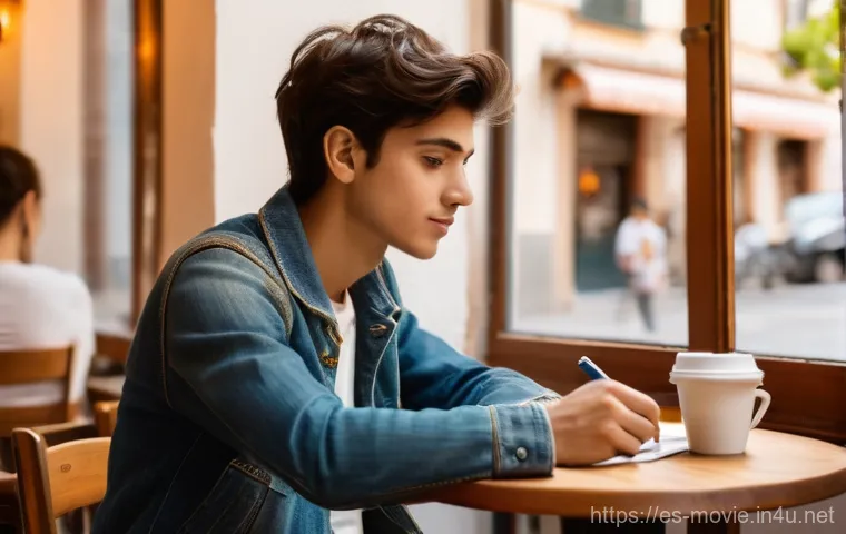 영화 감독 준비 과정 - A young, diverse filmmaker, gender-neutral, is deeply absorbed in writing a script in a quaint, sun-...