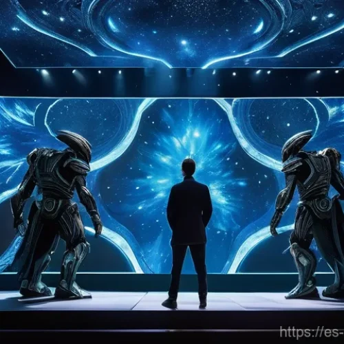 영화 제작사에서 요구하는 기술 - **"A vibrant, cutting-edge virtual production film set. In the center, a diverse group of actors, fu...