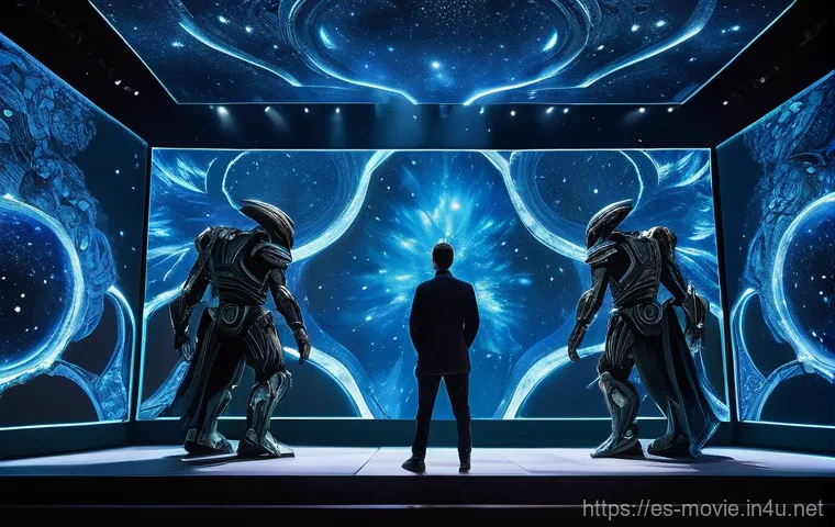 영화 제작사에서 요구하는 기술 - **"A vibrant, cutting-edge virtual production film set. In the center, a diverse group of actors, fu...