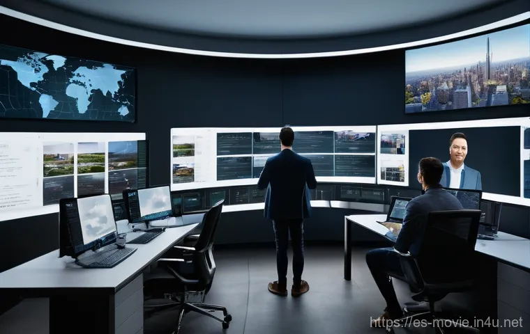 영화 제작사에서 요구하는 기술 - **"A visionary film editor or VFX artist, casually but stylishly dressed, is seated at a sleek, futu...