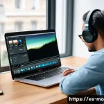 영화 제작용 소프트웨어 추천 - A cozy home editing setup for a beginner filmmaker: a young adult sitting comfortably at a wooden de...