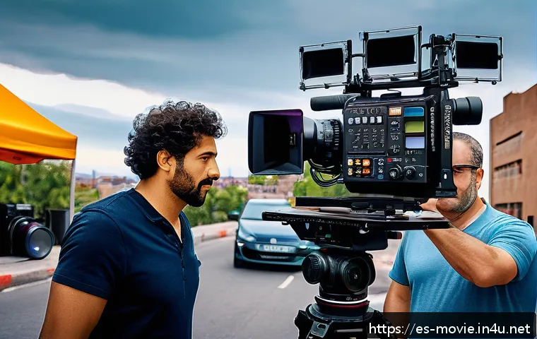 영화 제작 실습 체험 후기 - A busy film set in a vibrant urban environment, featuring a diverse crew including a director giving...