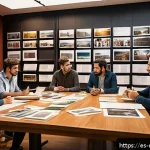 영화 제작 과정의 단계별 설명 - A detailed film production set showing a diverse group of creative professionals collaborating inten...