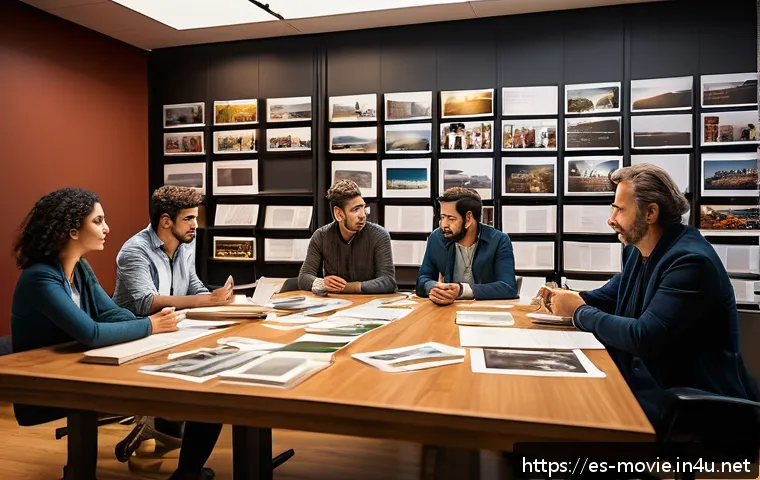 영화 제작 과정의 단계별 설명 - A detailed film production set showing a diverse group of creative professionals collaborating inten...