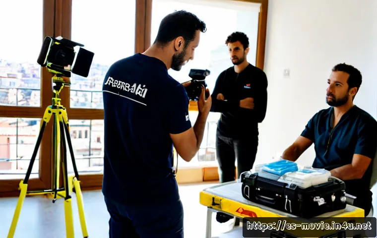 촬영 중 비상 상황 대처법 - Photorealistic Spanish film crew responding calmly to an on-set medical emergency in a bright Barcel...