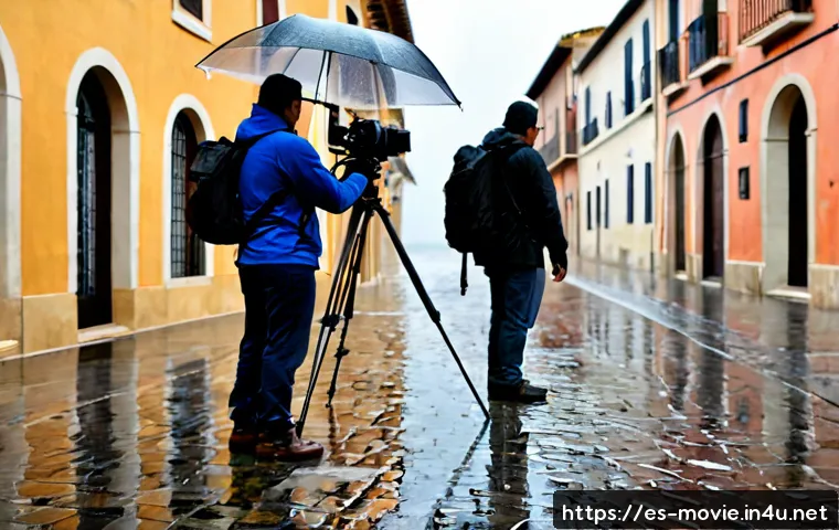 Home 17 촬영 현장의 날씨 대처 팁 - Photorealistic outdoor film set in a Spanish-speaking coastal town during sudden rain, a diverse pro...