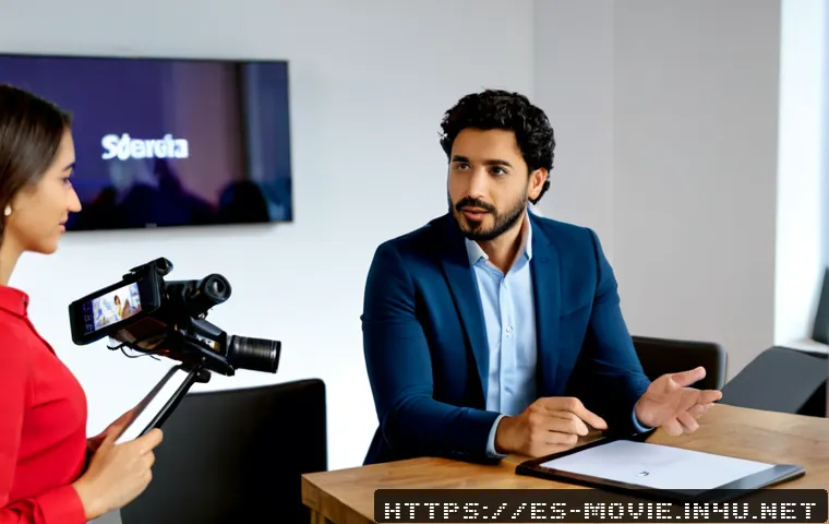 영화 업계에서 이직 성공하는 방법 - Photorealistic cinematic career-transition scene in a modern Madrid film production office, confiden...